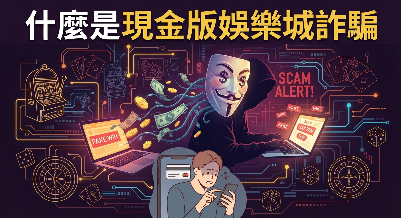 這是一張關於「現金版娛樂城詐騙」的警示主題圖片，畫面頂部清晰標示著繁體中文標題。 圖像結合了戴著面具的駭客、網路線路、虛擬籌碼以及受害者的驚慌失措，生動呈現網路賭博詐騙的風險。