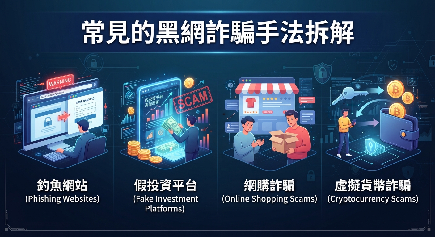 圖片上方醒目地顯示了標題「常見的黑網詐騙手法拆解」，下方則分四個區塊圖解說明了釣魚網站、假投資平台、網購詐騙及虛擬貨幣詐騙等常見手法。