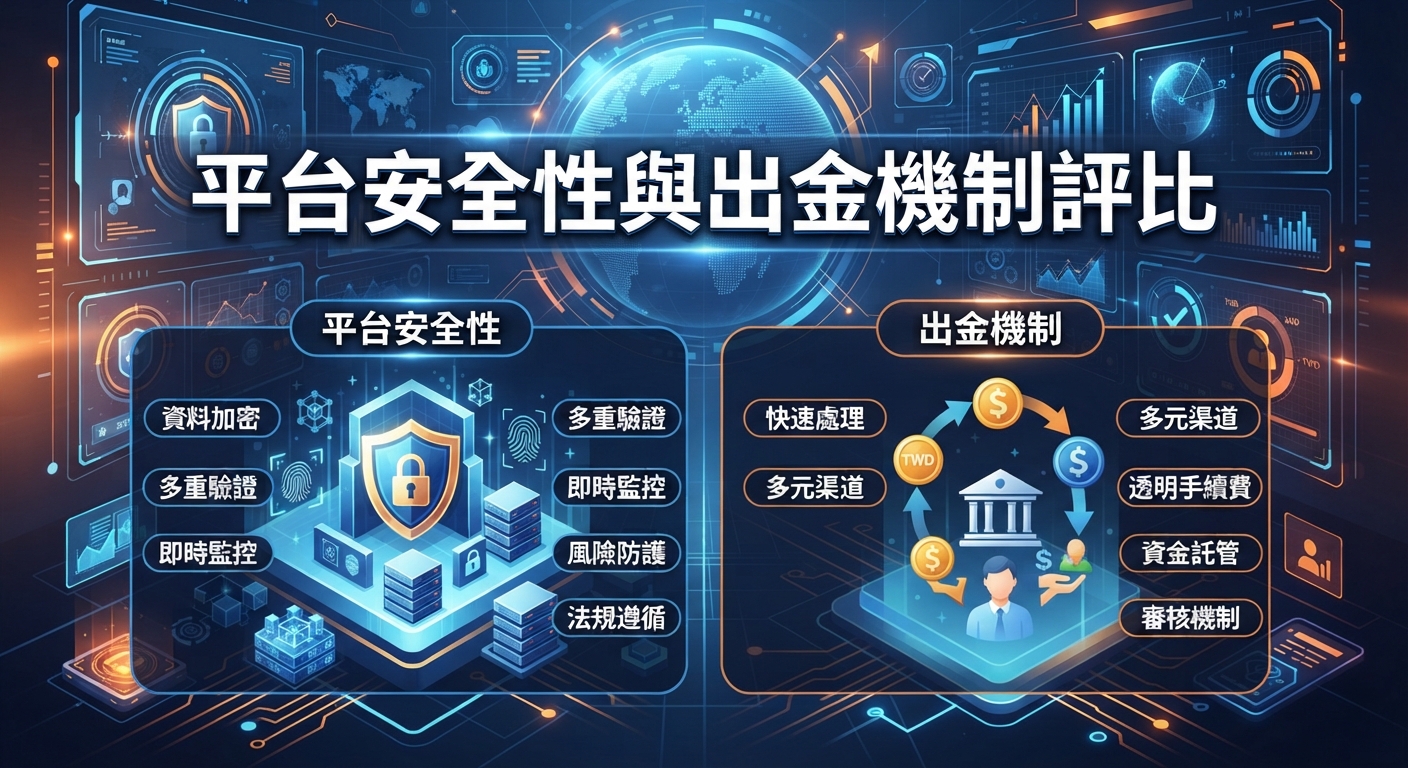 圖片以「平台安全性與出金機制評比」為標題,結合藍色科技風格的儀表板與數據圖表。