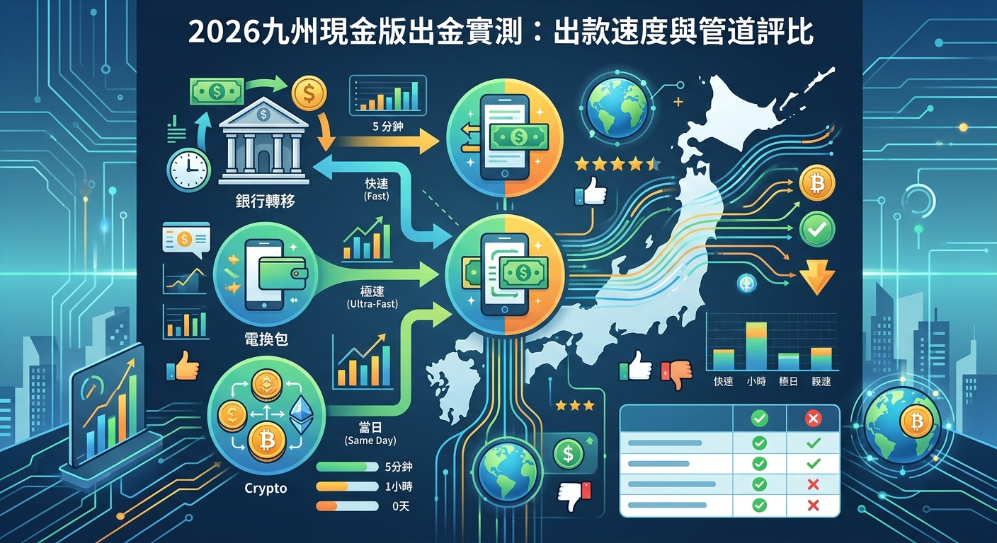 這張圖片展示了一份關於2026九州現金版出金實測的現代化數據圖表，搭配地圖與各種出款管道的評比圖標。 背景以深藍色科技線條為主，清晰呈現了銀行轉移、電子錢包與加密貨幣等提領速度及比較資訊。