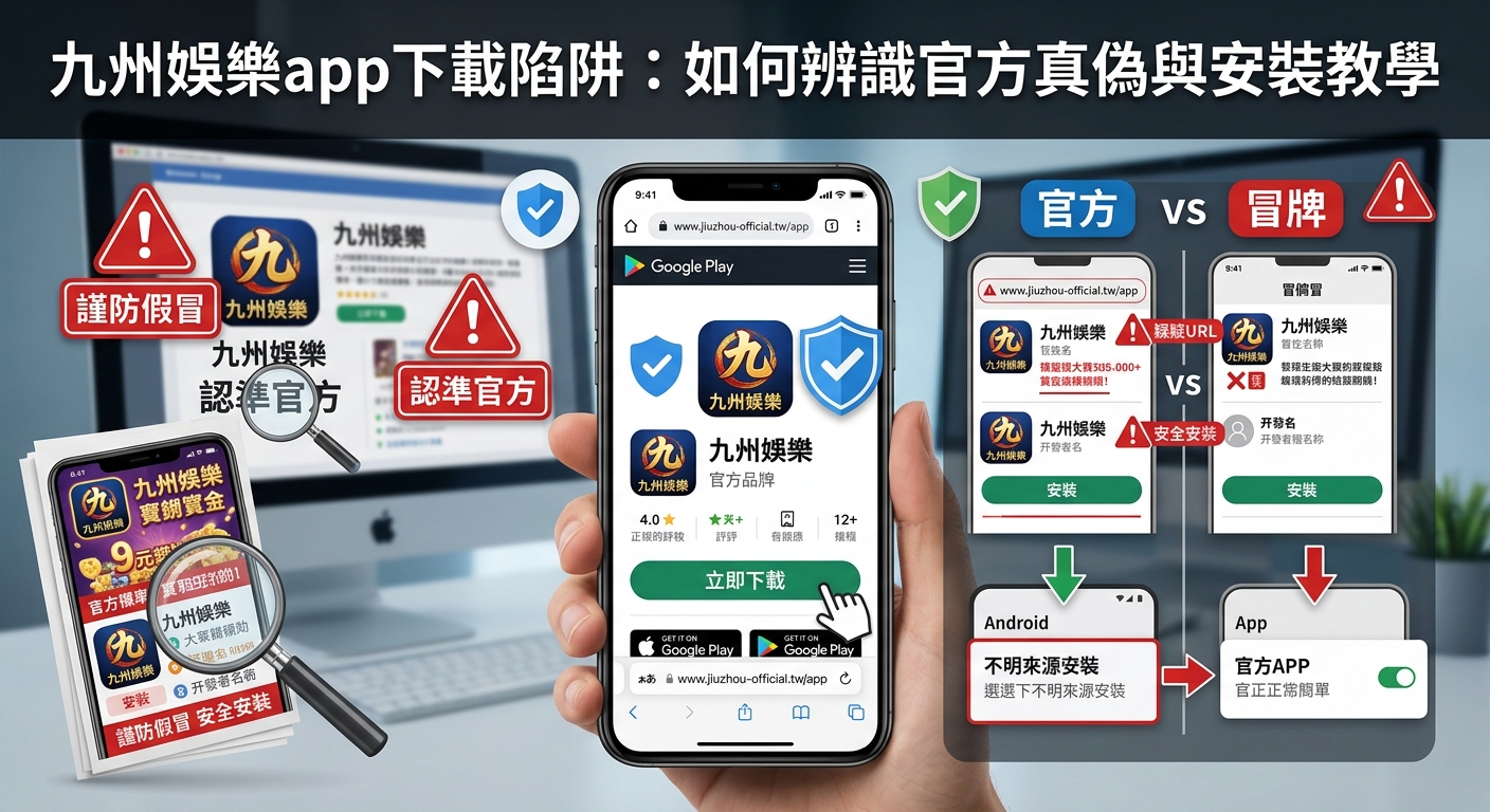 這張圖片展示了一隻手拿著智慧型手機，螢幕上呈現「九州娛樂」官方APP下載頁面，周圍搭配放大鏡、警示標示與「官方 VS 冒牌」對比圖。上方以醒目的白字顯示標題「九州娛樂app下載陷阱：如何辨識官方真偽與安裝教學」。